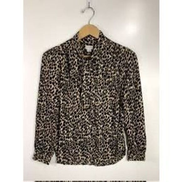 J. Crew Women's S Long Sleeve Leopard Drapey Tie Neck Blouse Black Tan Cheetah - Picture 2 of 11